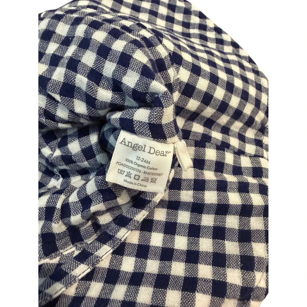 Angel Dear Navy Gingham Sun Hat Kids Wide Brim Organic Cotton EXC 12-24M